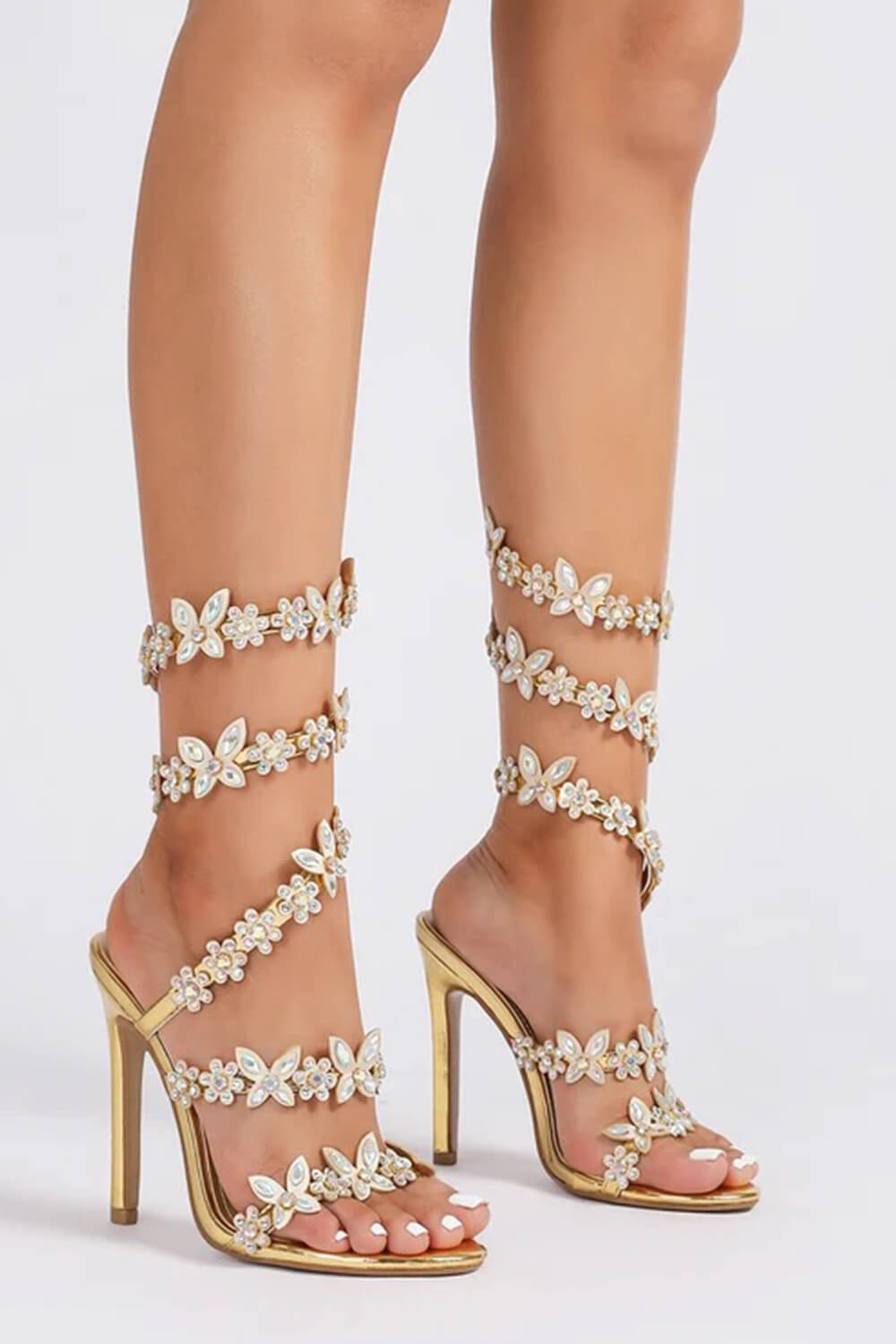Flower Rhinestone-Embellished Around The Ankle Coil Stiletto Heel Sandals