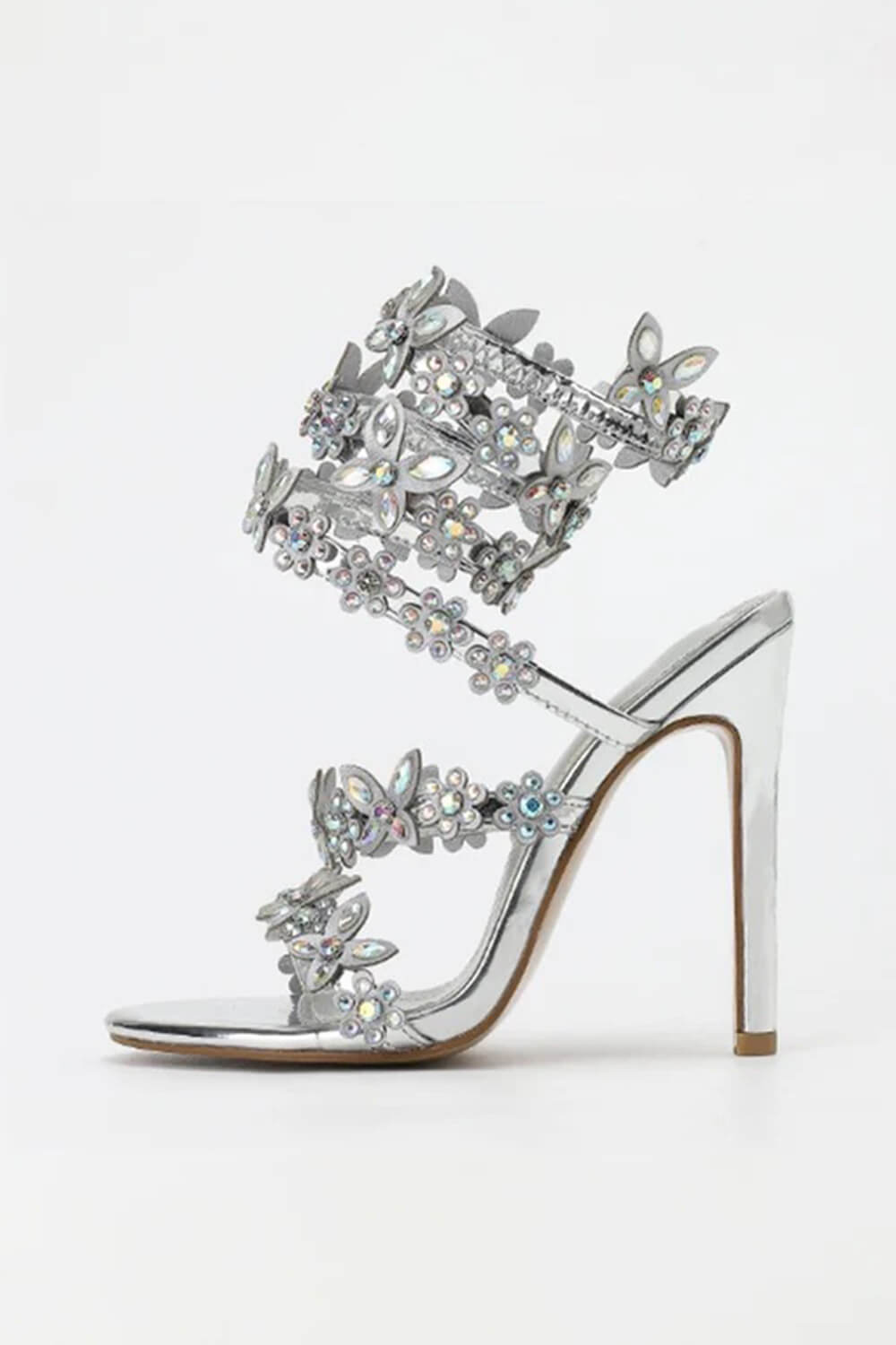 Flower Rhinestone-Embellished Around The Ankle Coil Stiletto Heel Sandals