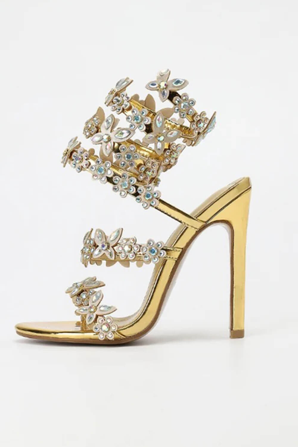 Flower Rhinestone-Embellished Around The Ankle Coil Stiletto Heel Sandals