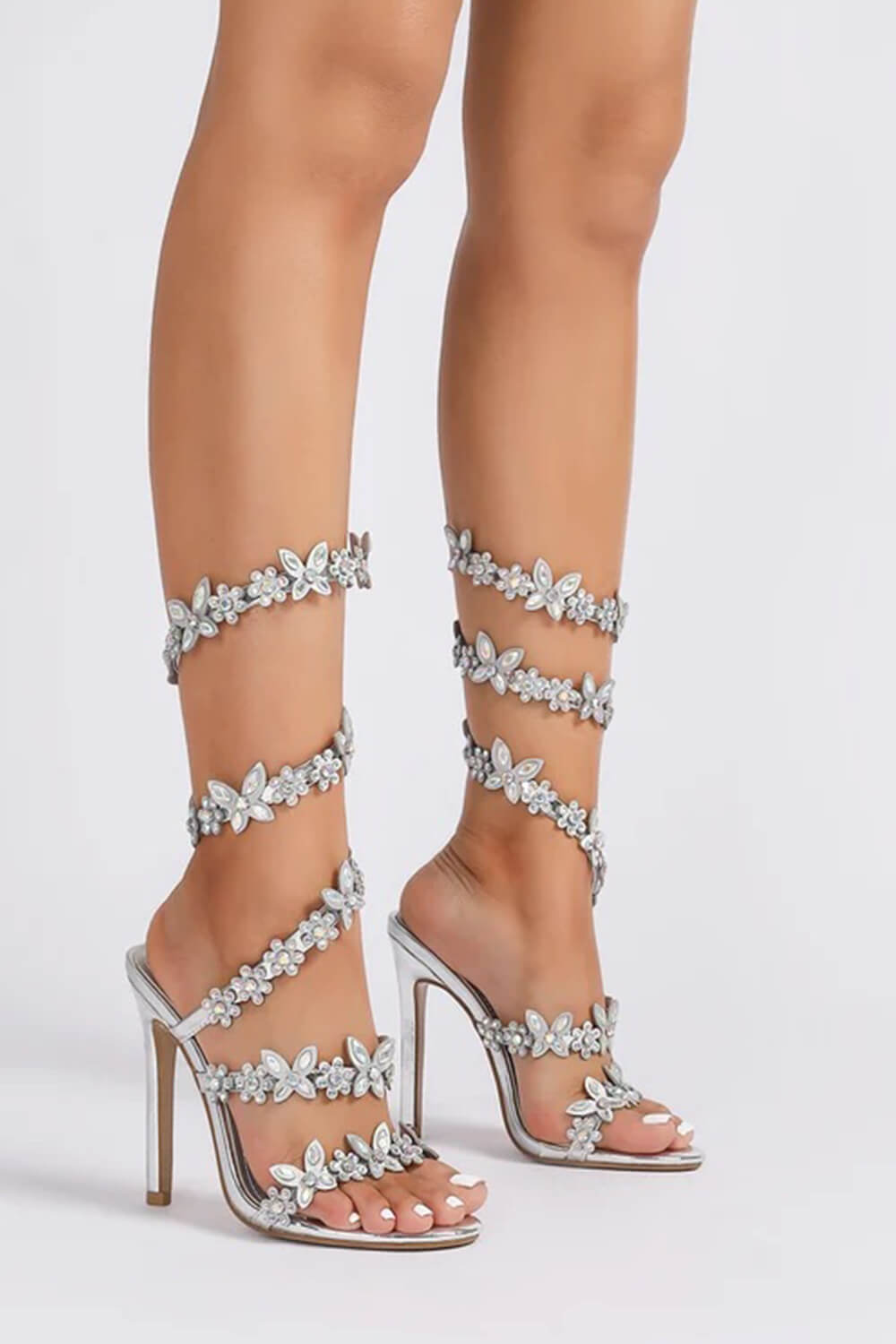 Flower Rhinestone-Embellished Around The Ankle Coil Stiletto Heel Sandals