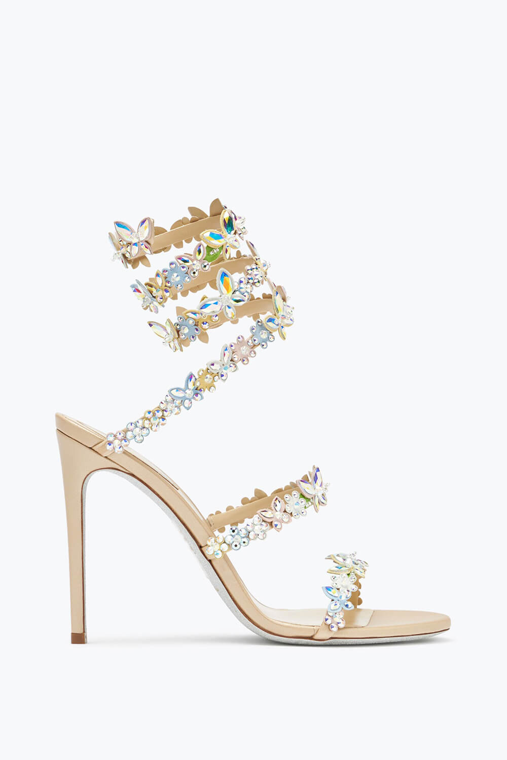 Flower Rhinestone-Embellished Ankle Wrap Around Stiletto Heel Sandals