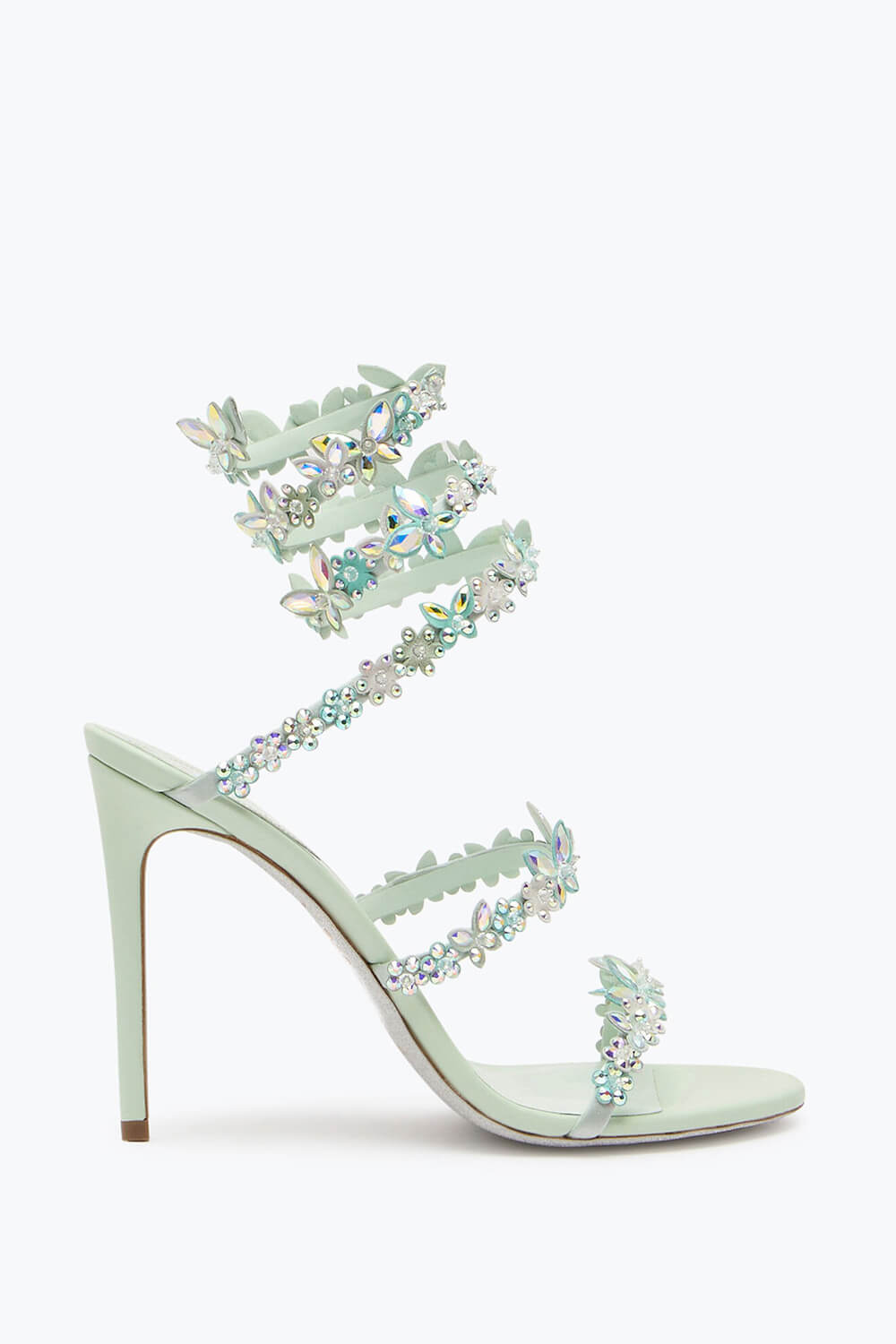 Flower Rhinestone-Embellished Ankle Wrap Around Stiletto Heel Sandals