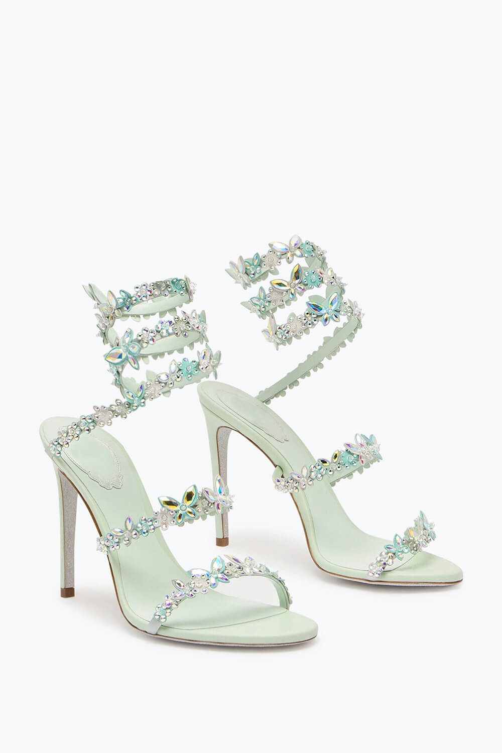 Flower Rhinestone-Embellished Ankle Wrap Around Stiletto Heel Sandals