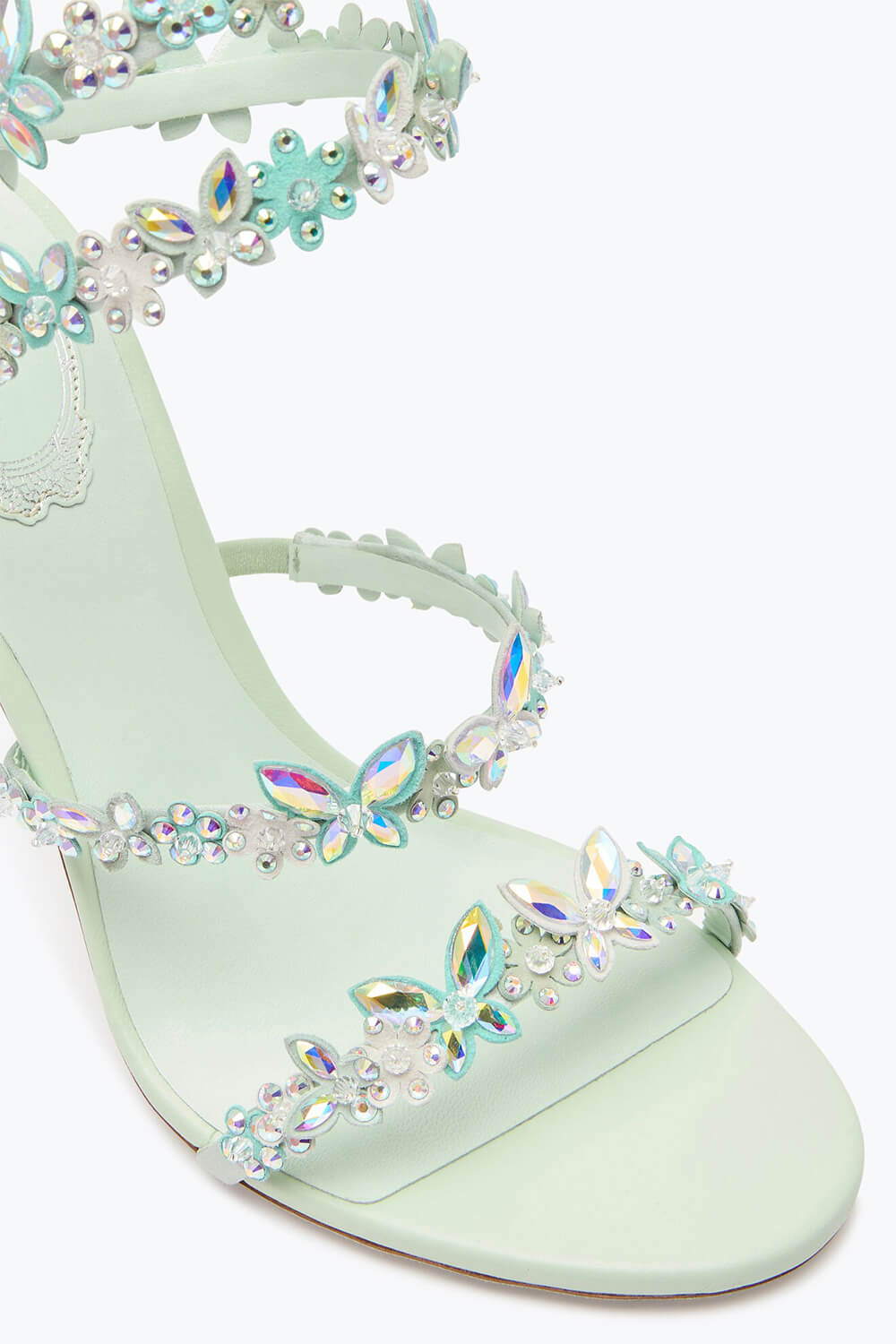 Flower Rhinestone-Embellished Ankle Wrap Around Stiletto Heel Sandals