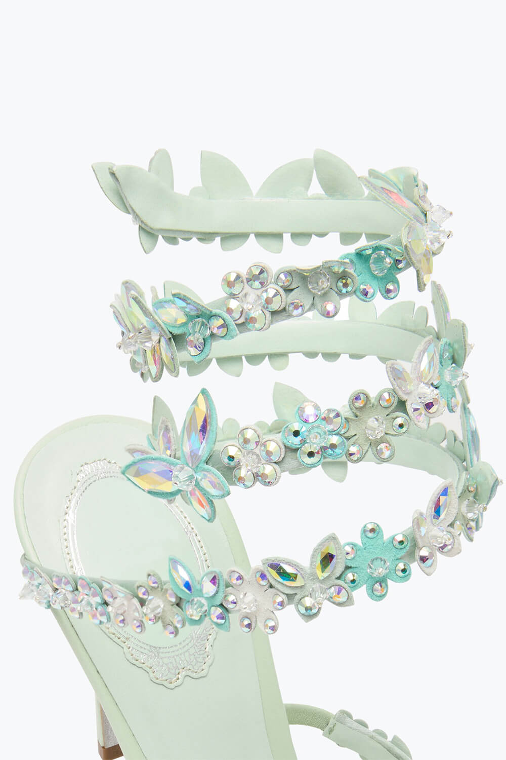 Flower Rhinestone-Embellished Ankle Wrap Around Stiletto Heel Sandals