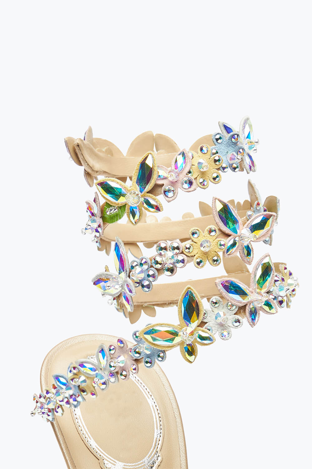 Flower Rhinestone-Embellished Ankle Wrap Around Stiletto Heel Sandals