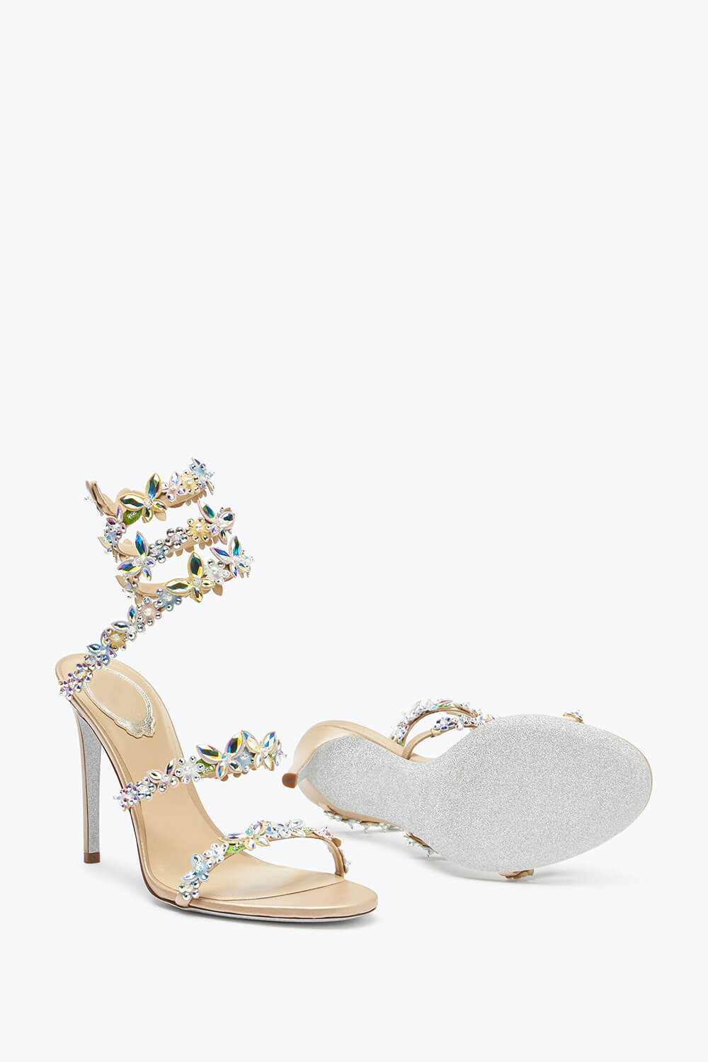 Flower Rhinestone-Embellished Ankle Wrap Around Stiletto Heel Sandals