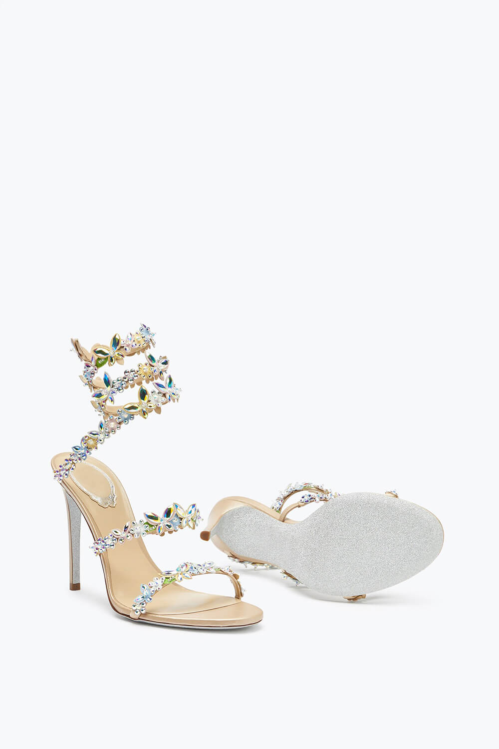 Flower Rhinestone-Embellished Ankle Wrap Around Stiletto Heel Sandals