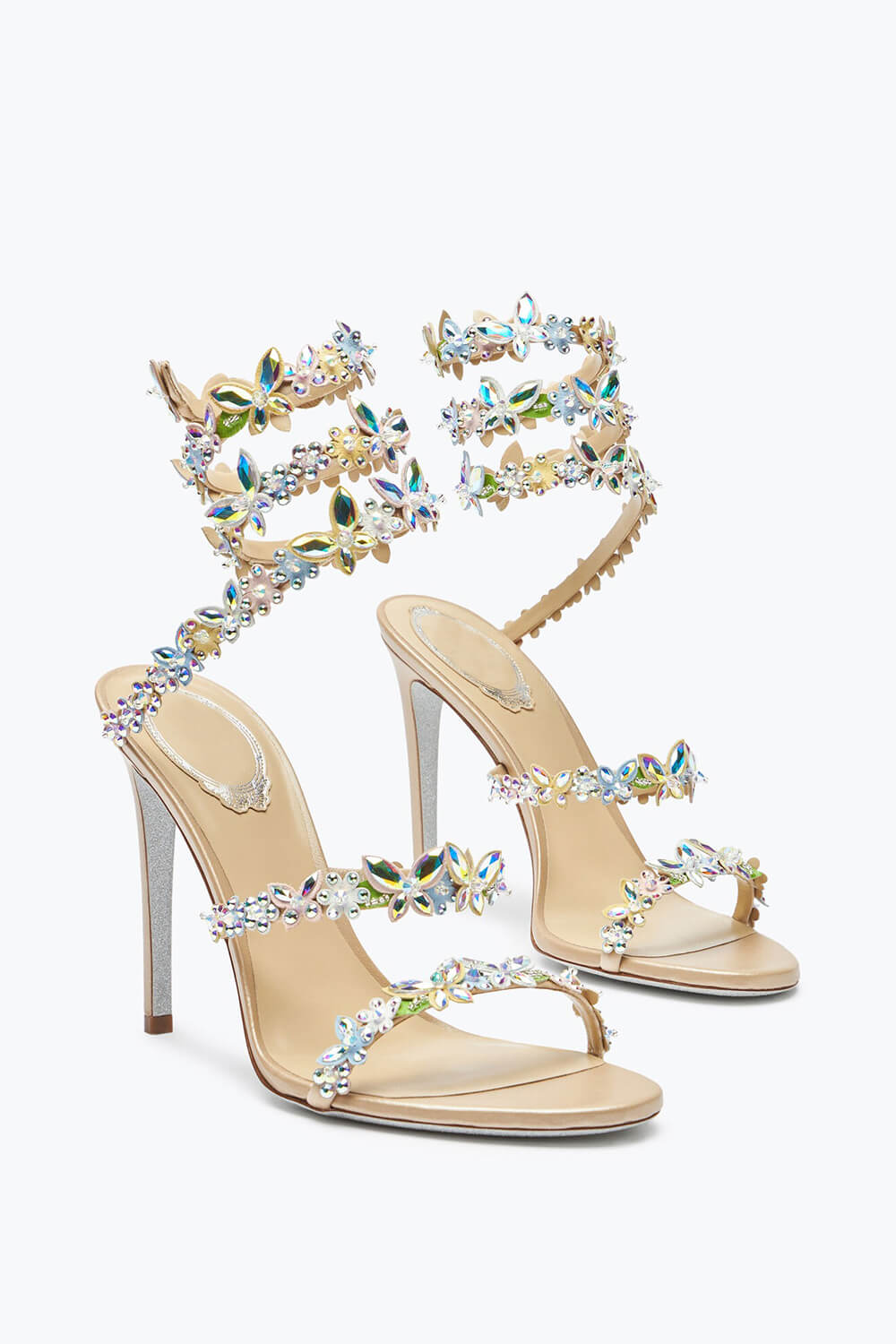 Flower Rhinestone-Embellished Ankle Wrap Around Stiletto Heel Sandals