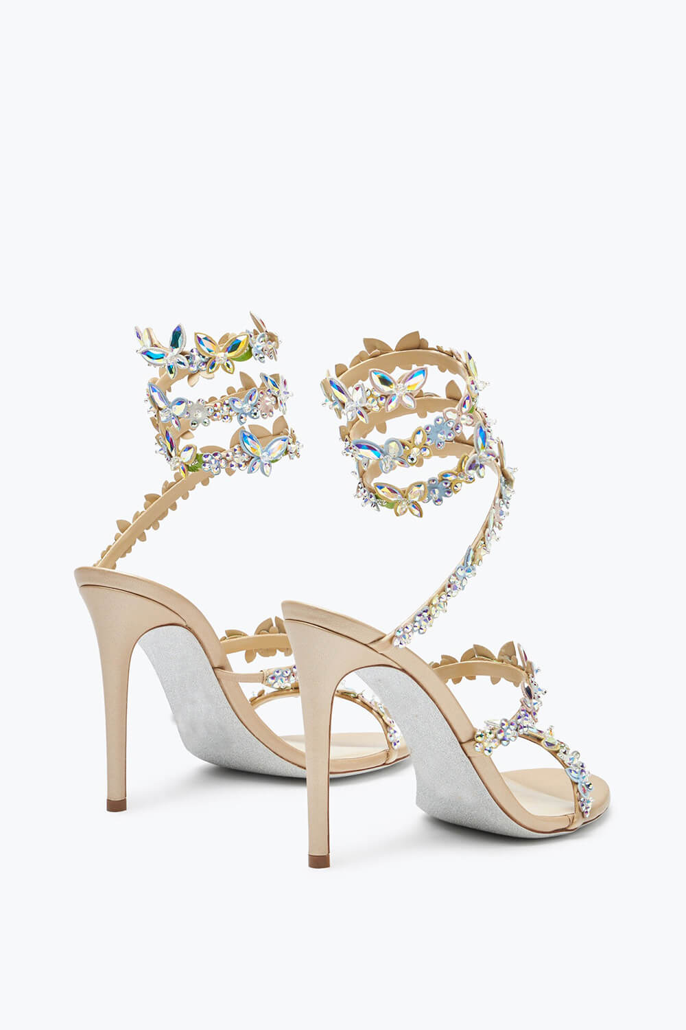 Flower Rhinestone-Embellished Ankle Wrap Around Stiletto Heel Sandals