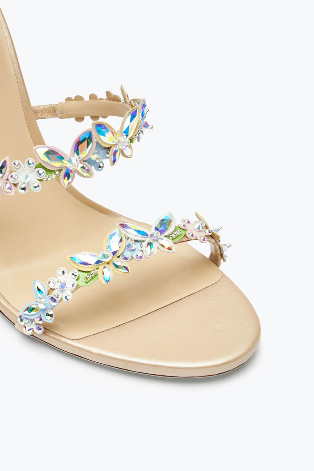 Flower Rhinestone-Embellished Ankle Wrap Around Stiletto Heel Sandals