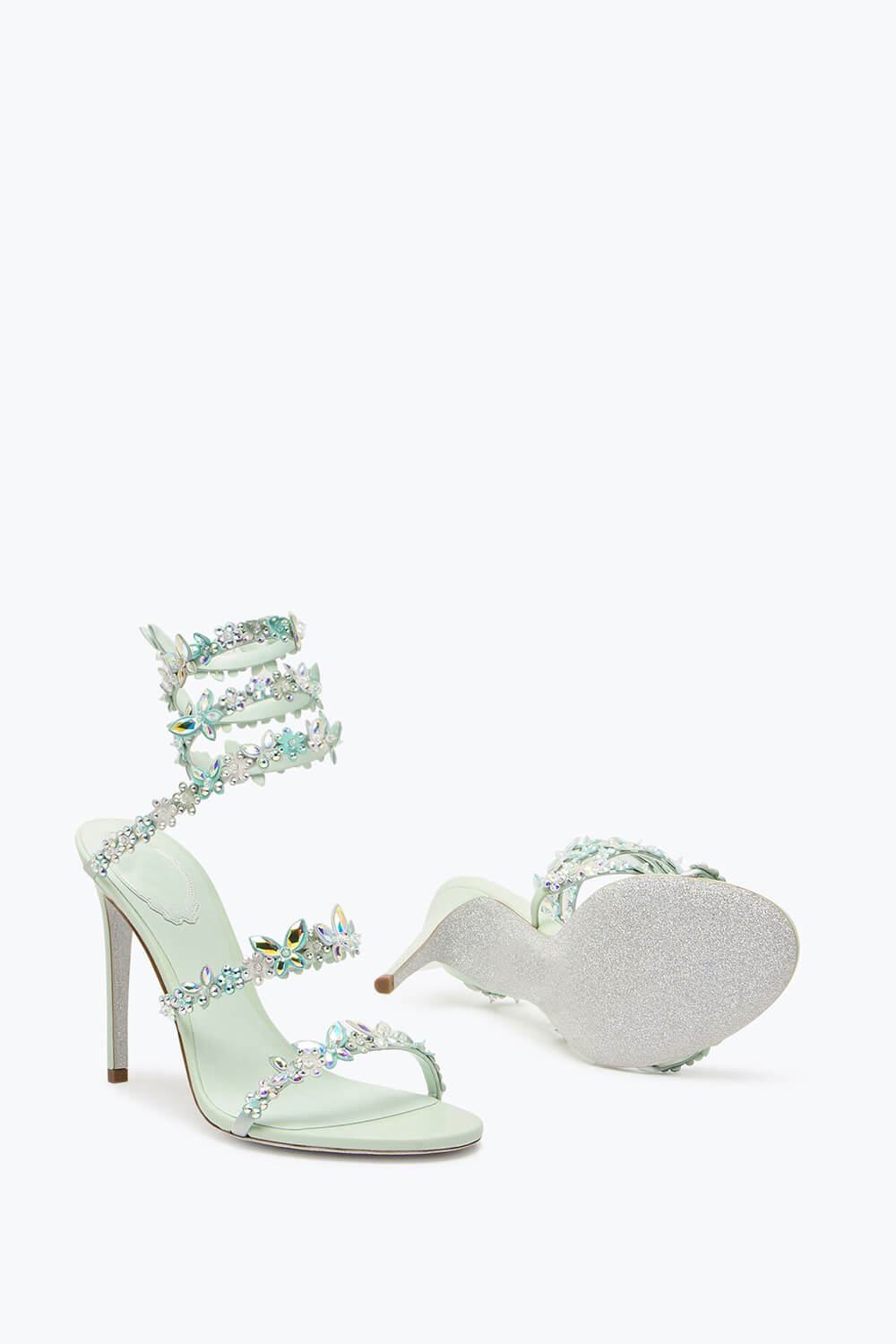 Flower Rhinestone-Embellished Ankle Wrap Around Stiletto Heel Sandals