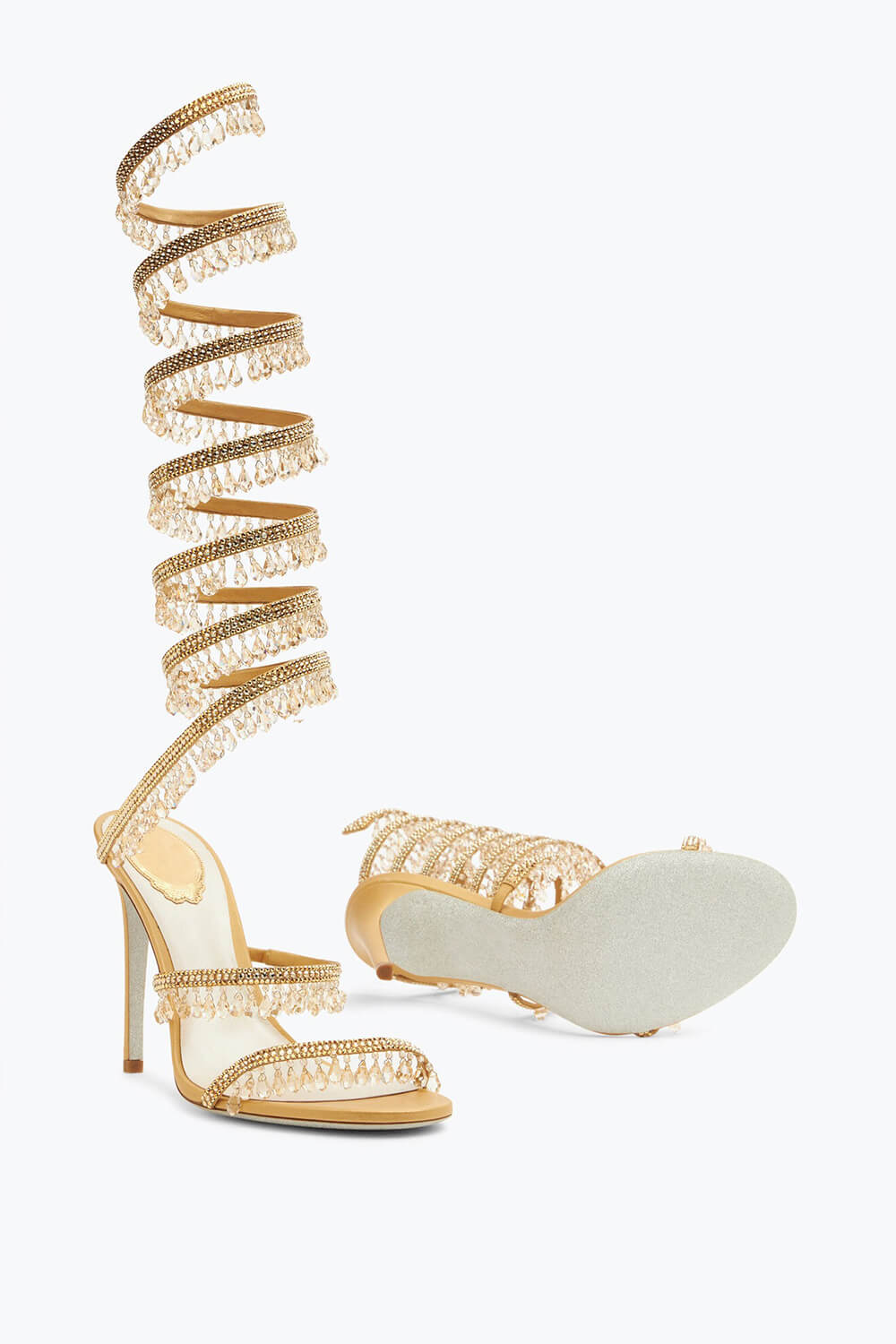 Crystal Chandelier Embellished Faux Satin Wraparound Self-Tie Stiletto Sandals
