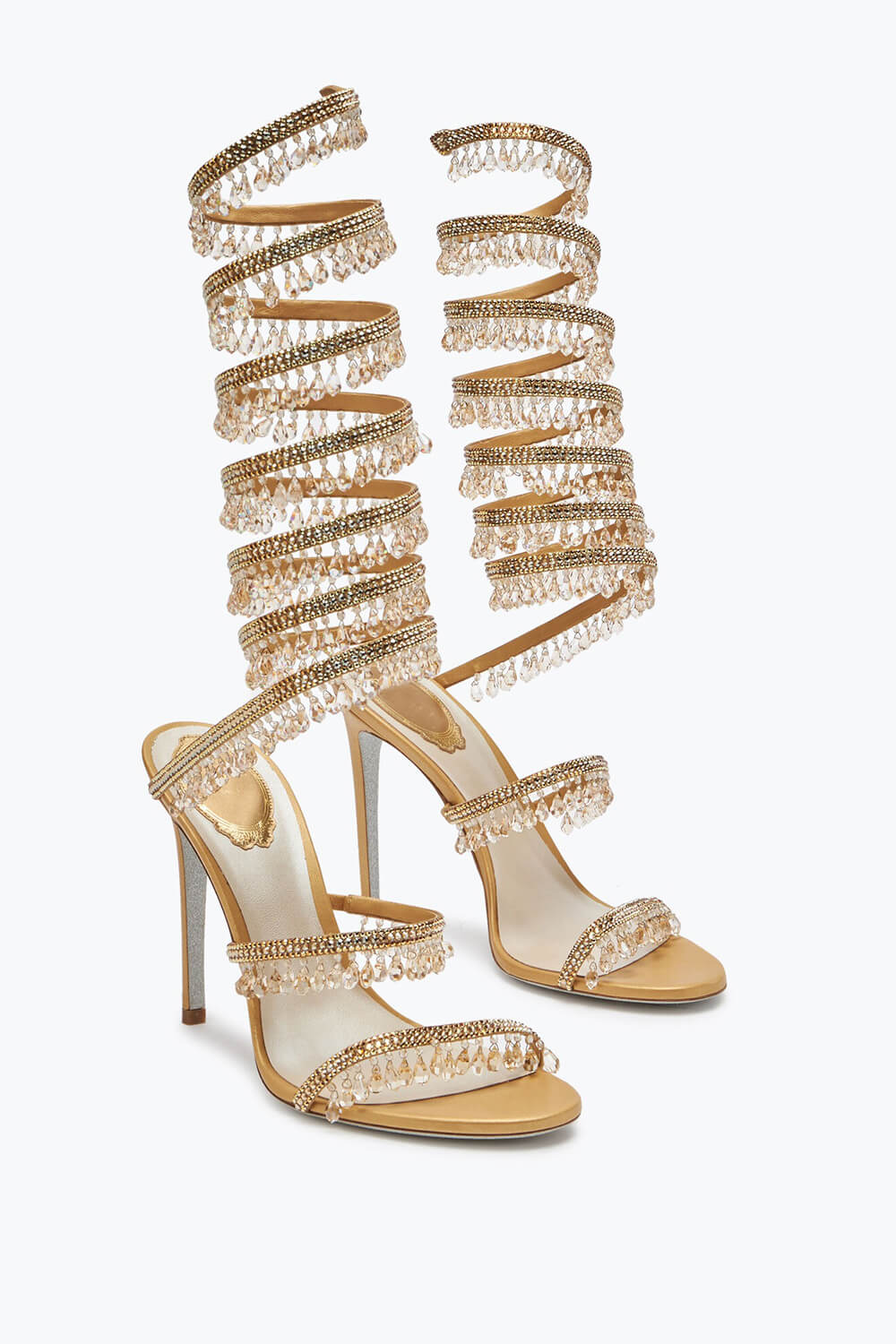 Crystal Chandelier Embellished Faux Satin Wraparound Self-Tie Stiletto Sandals