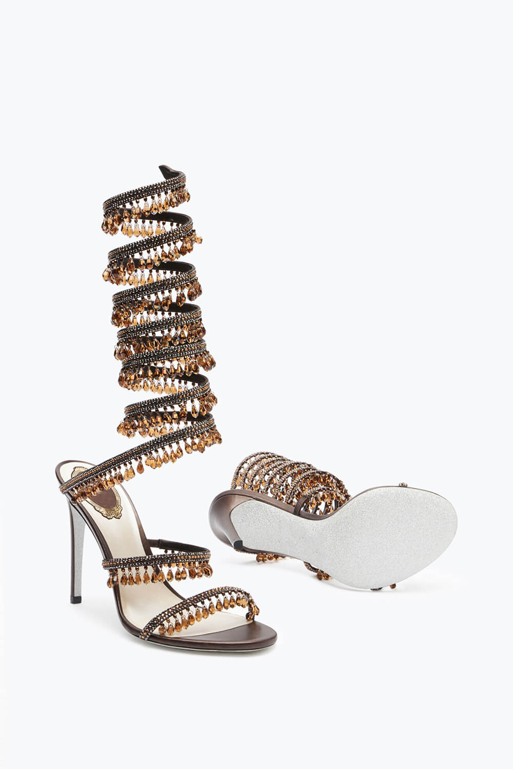 Crystal Chandelier Embellished Faux Satin Wraparound Self-Tie Stiletto Sandals