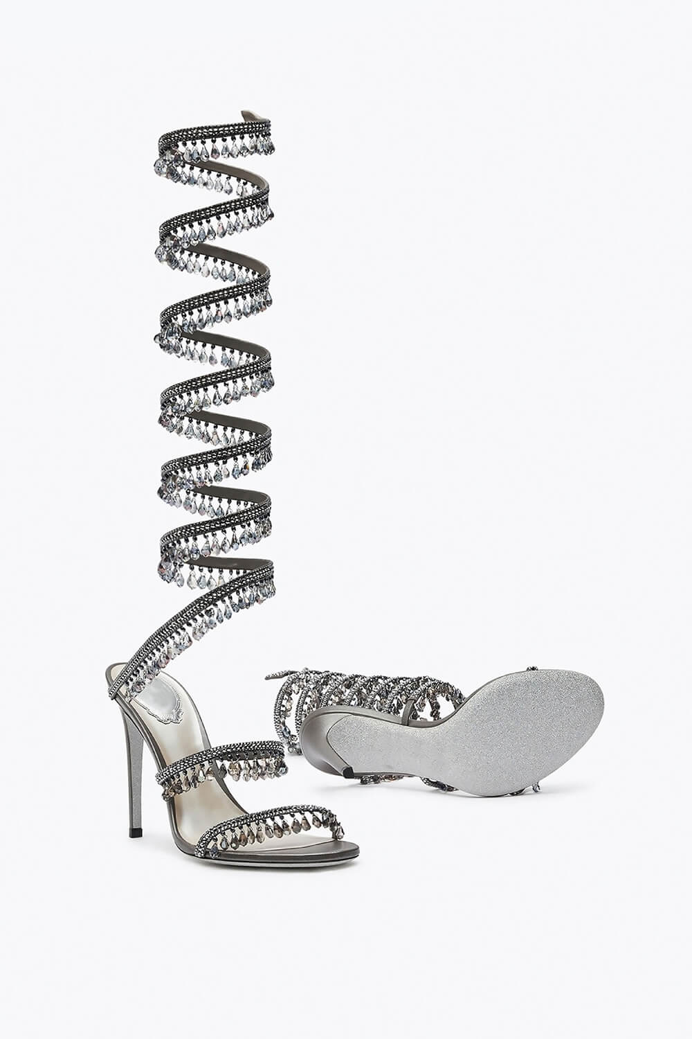 Crystal Chandelier Embellished Faux Satin Wraparound Self-Tie Stiletto Sandals