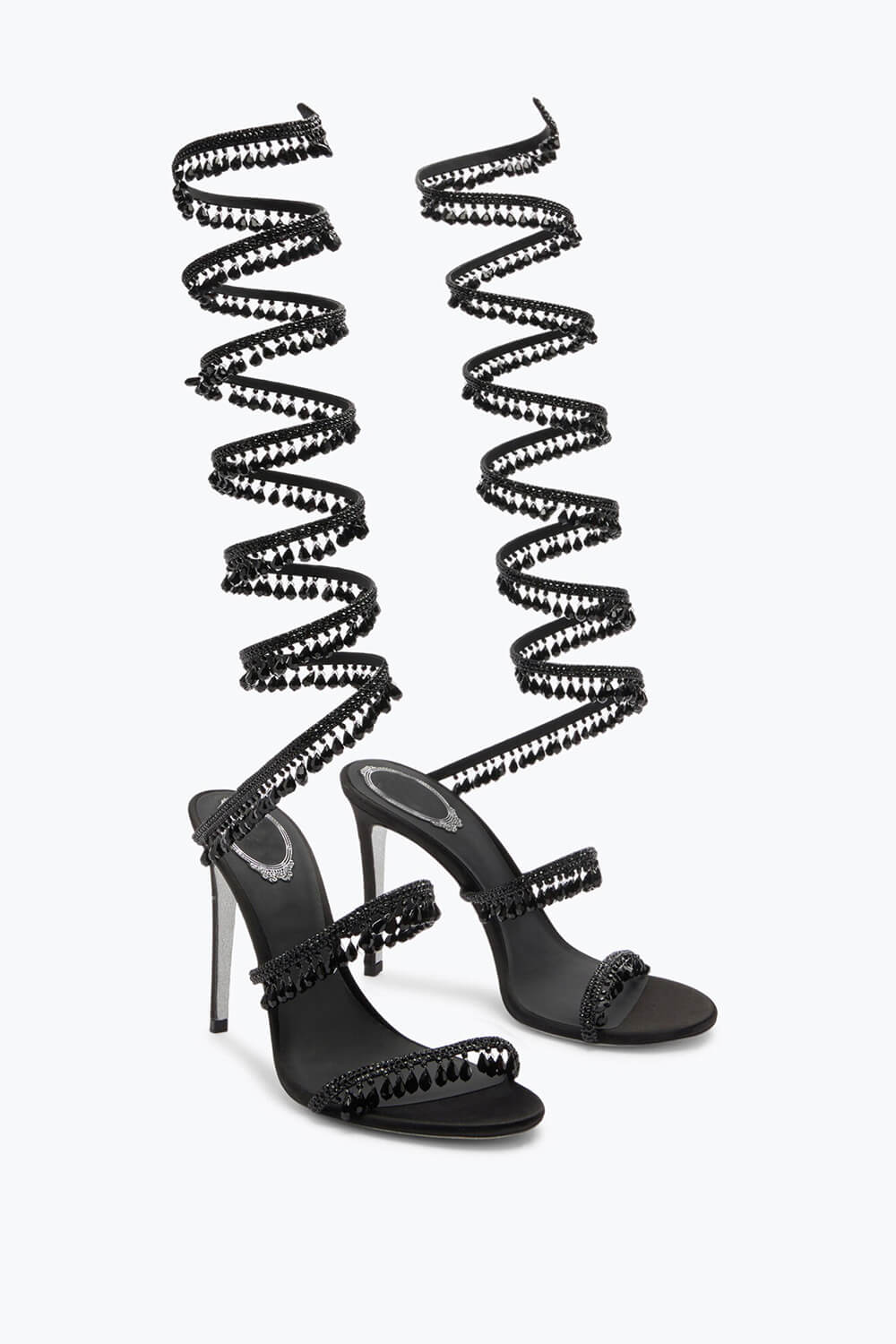 Crystal Chandelier Embellished Faux Satin Wraparound Self-Tie Stiletto Sandals