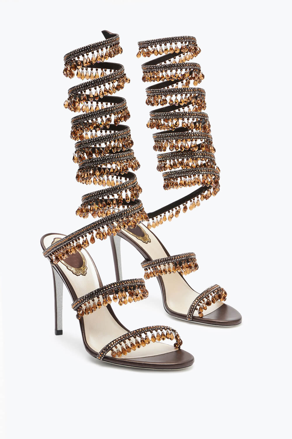Crystal Chandelier Embellished Faux Satin Wraparound Self-Tie Stiletto Sandals