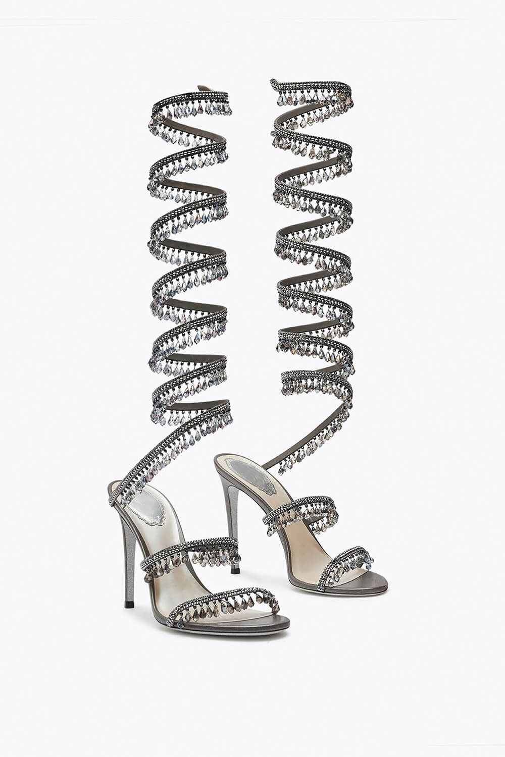 Crystal Chandelier Embellished Faux Satin Wraparound Self-Tie Stiletto Sandals