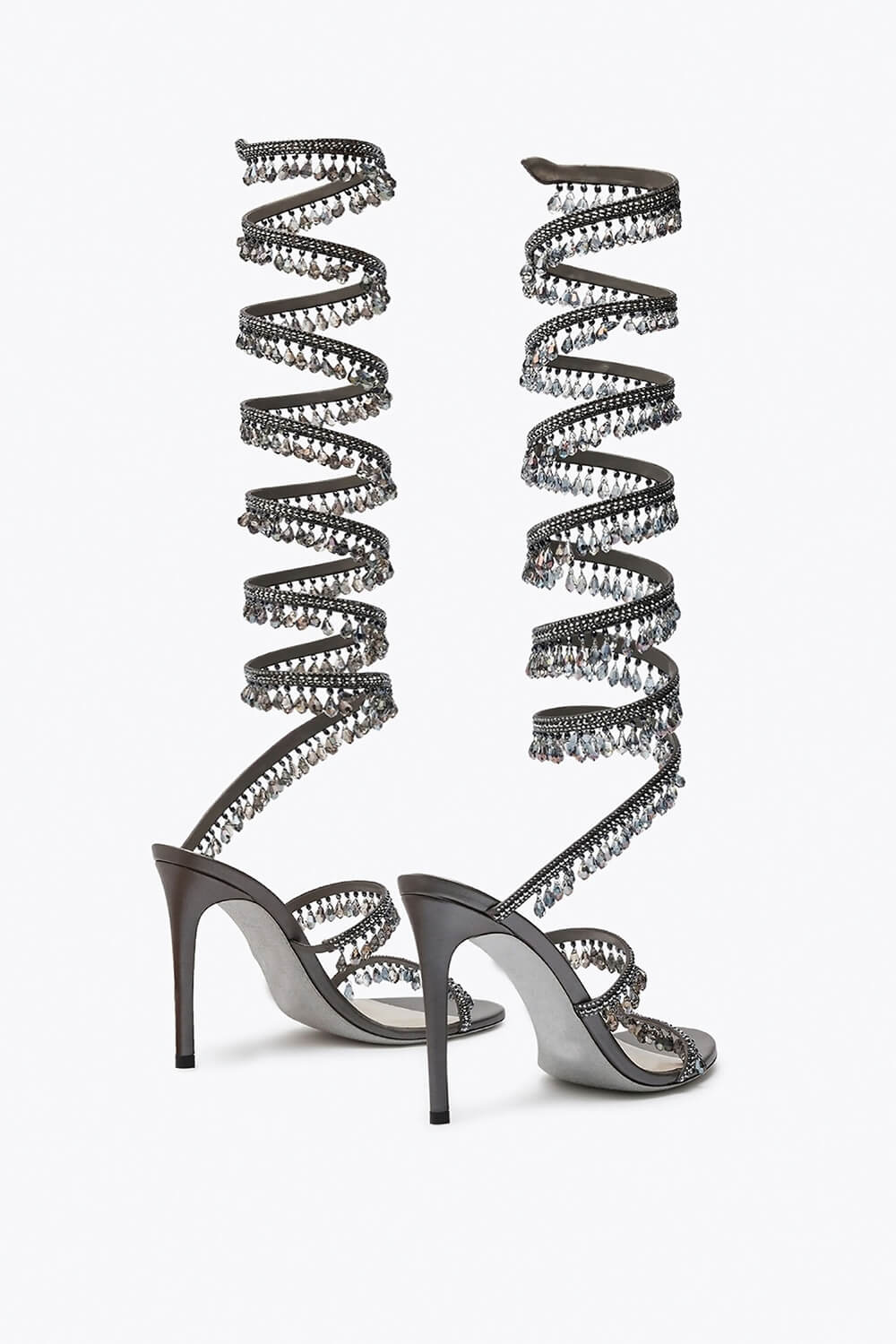 Crystal Chandelier Embellished Faux Satin Wraparound Self-Tie Stiletto Sandals