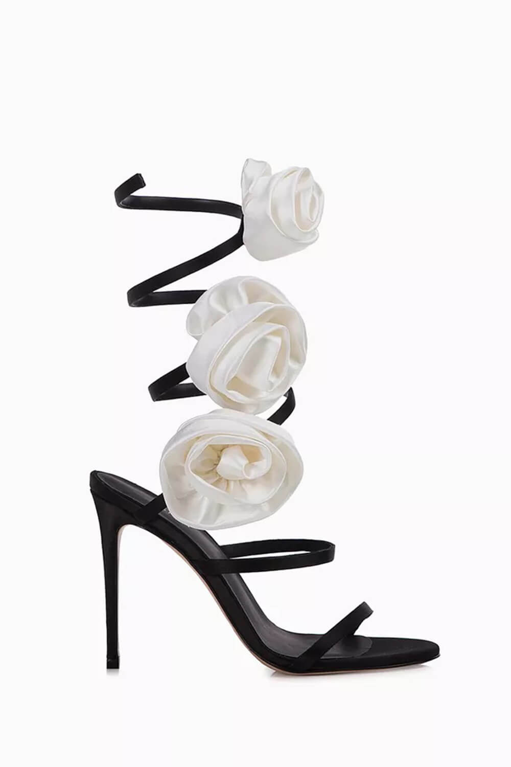 3D Rose Satin Ankle Wrap Around Stiletto Heel Sandals