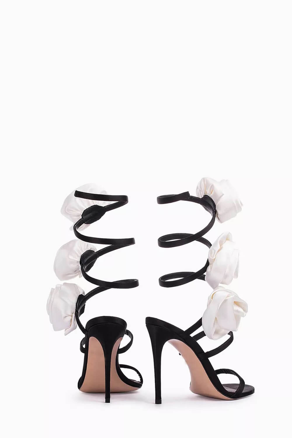 3D Rose Satin Ankle Wrap Around Stiletto Heel Sandals