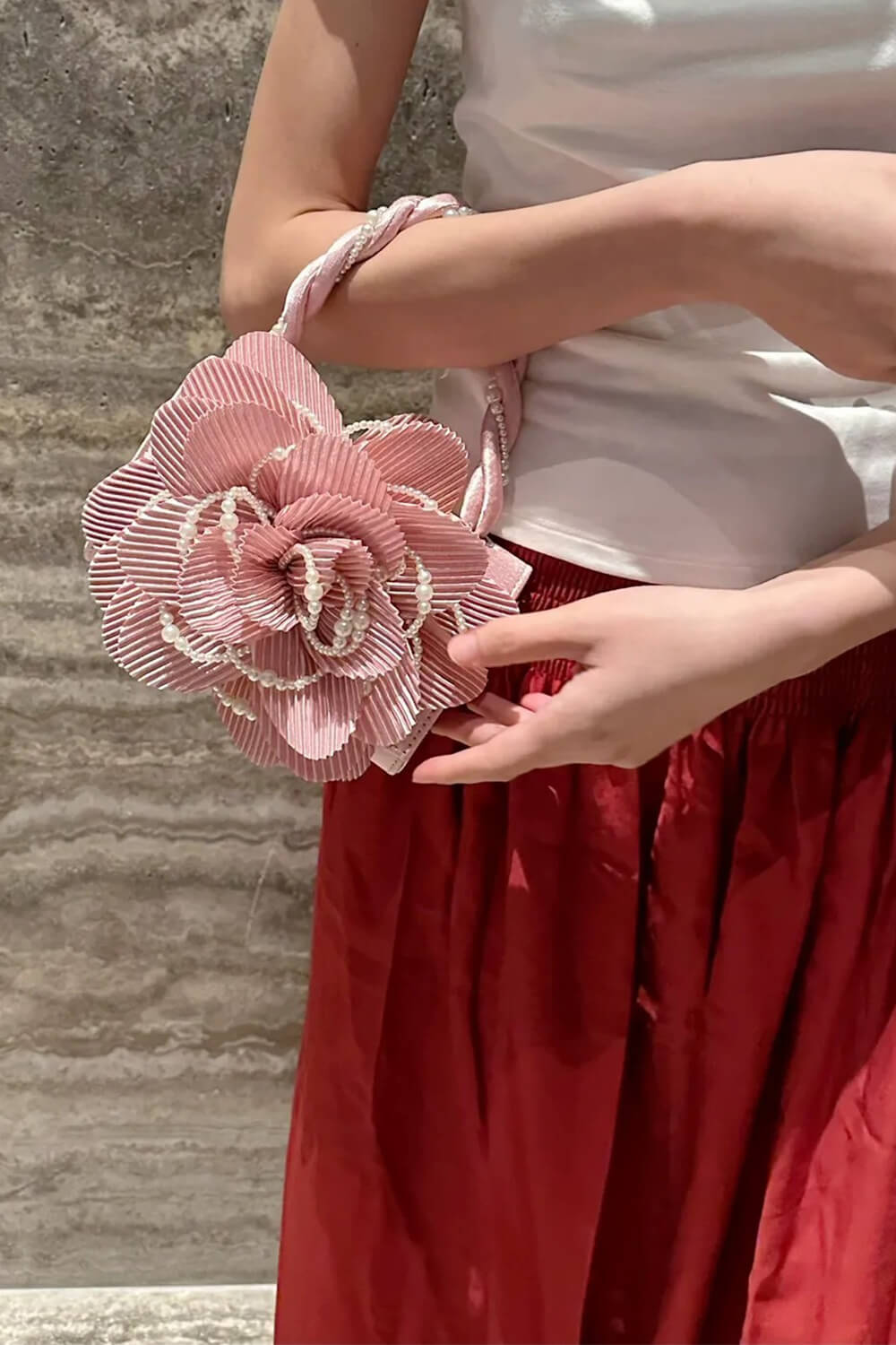 3D Flower Evening Clutch Bag With Faux Pearl Detail