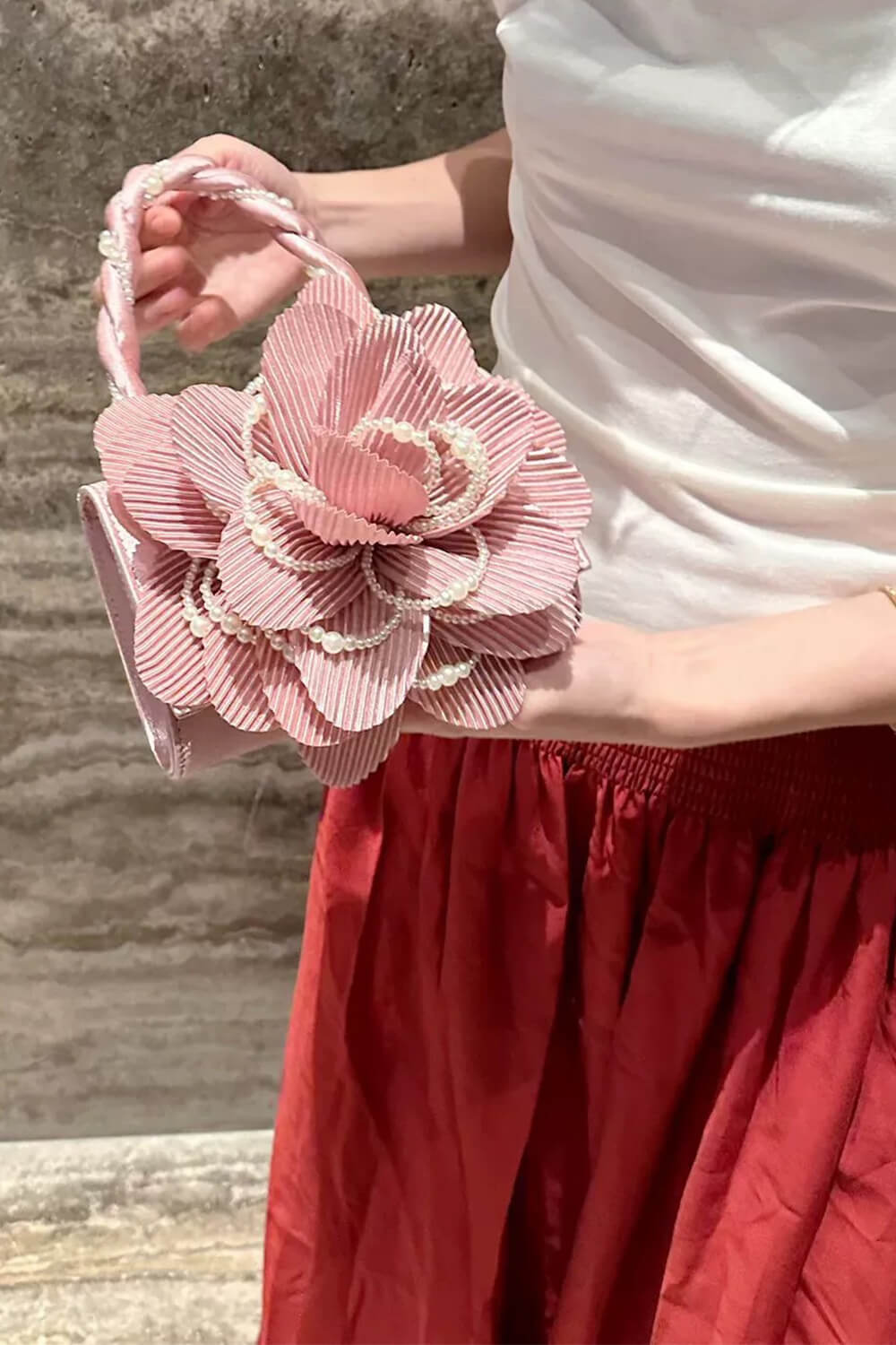 3D Flower Evening Clutch Bag With Faux Pearl Detail