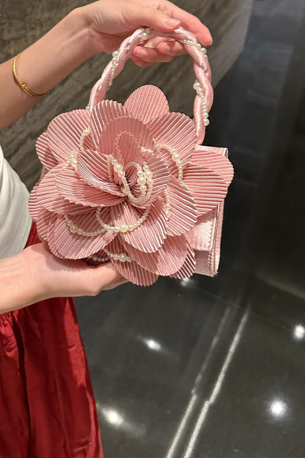 3D Flower Evening Clutch Bag With Faux Pearl Detail