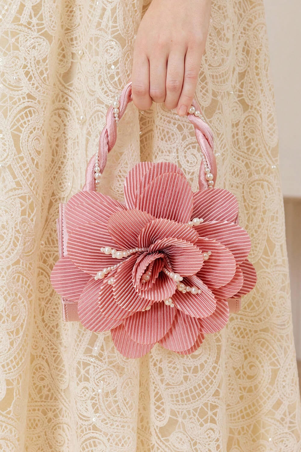 3D Flower Evening Clutch Bag With Faux Pearl Detail