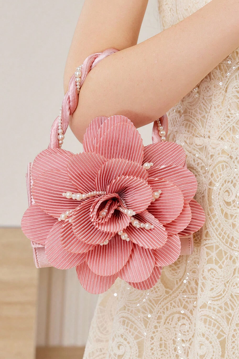 3D Flower Evening Clutch Bag With Faux Pearl Detail