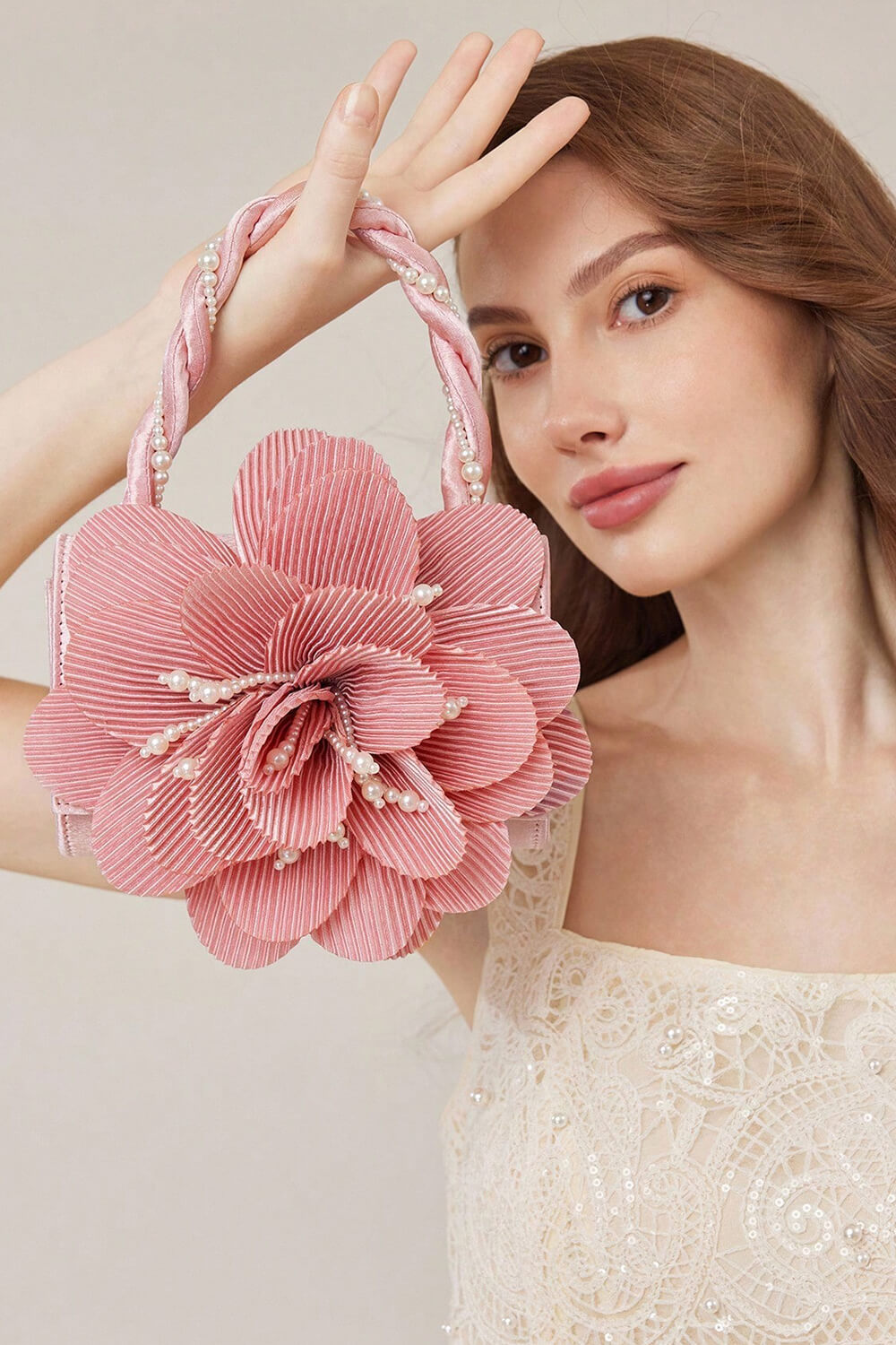 3D Flower Evening Clutch Bag With Faux Pearl Detail