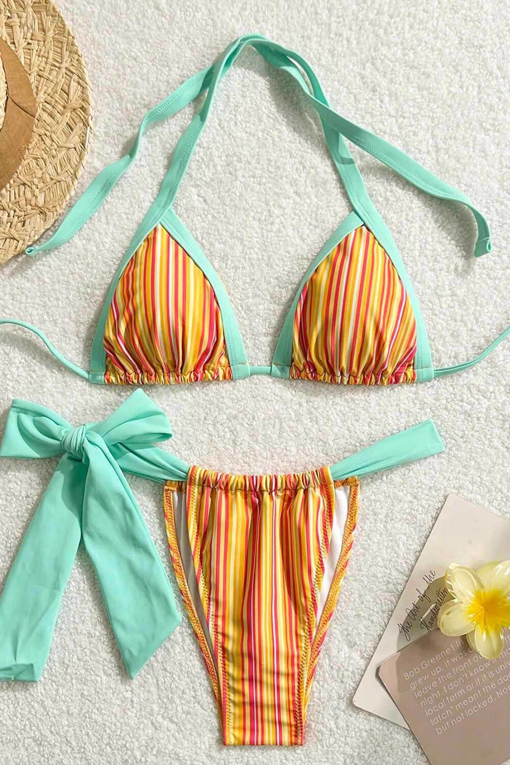 Contrast Striped Print Triangle Halter Brazilian Bikini Set