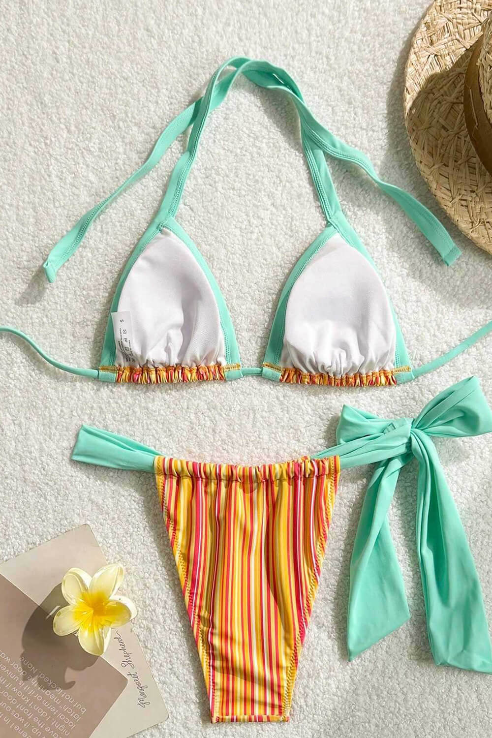 Contrast Striped Print Triangle Halter Brazilian Bikini Set