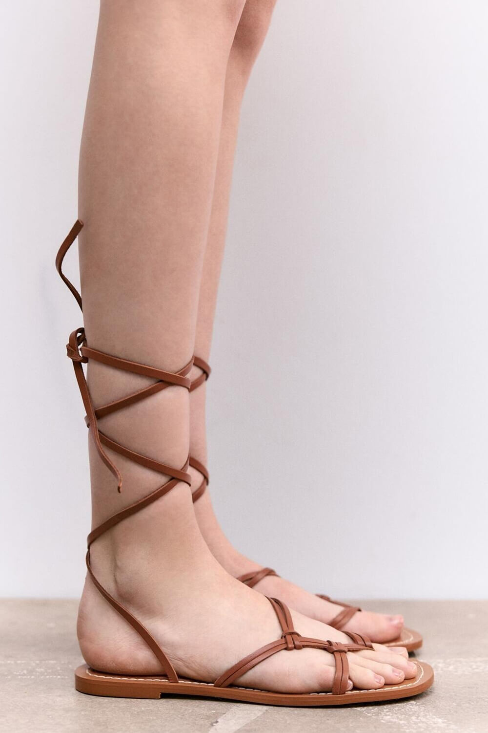 Faux Leather Lace Up Flat Strappy Sandals