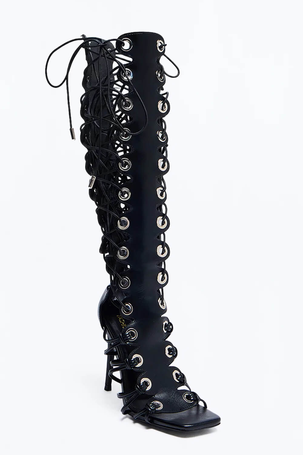 Eyelet Lace Up Knee High Open Square Toe Gladiator Stiletto Heeled Sandals