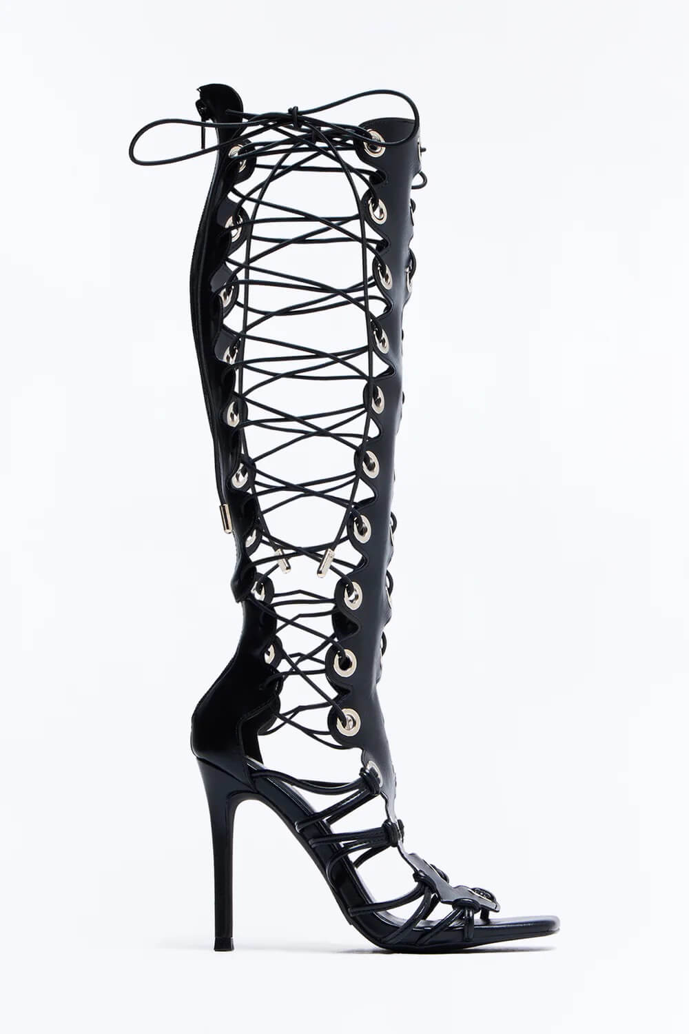 Eyelet Lace Up Knee High Open Square Toe Gladiator Stiletto Heeled Sandals