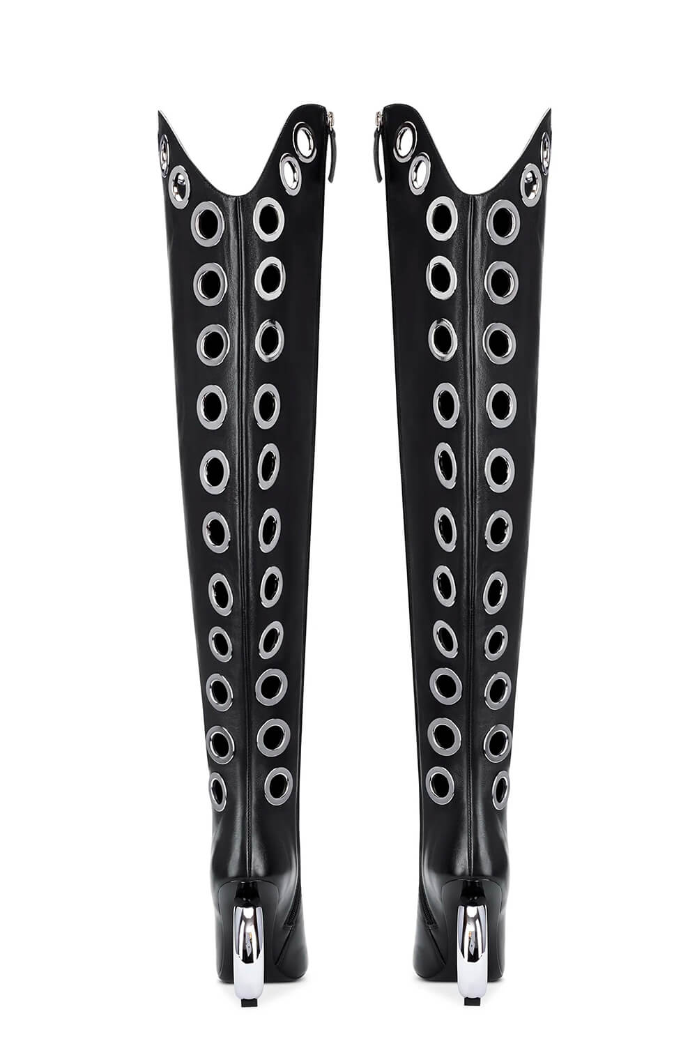 Eyelet Pointed Toe Over-The-Knee Boots With Silver Ring Heel