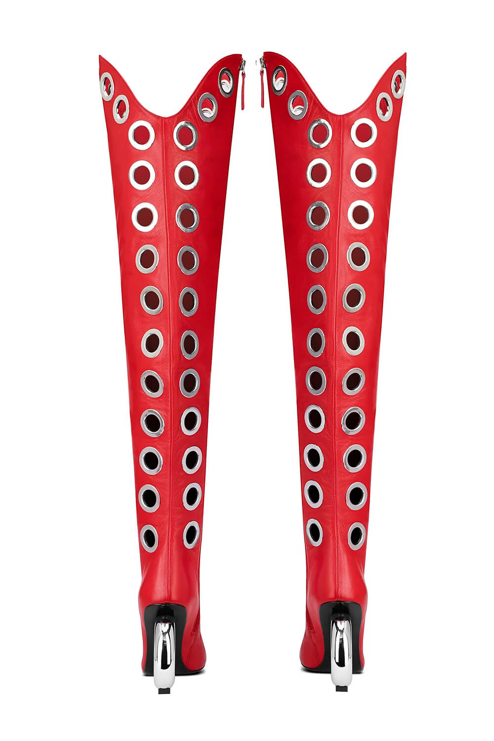 Eyelet Pointed Toe Over-The-Knee Boots With Silver Ring Heel