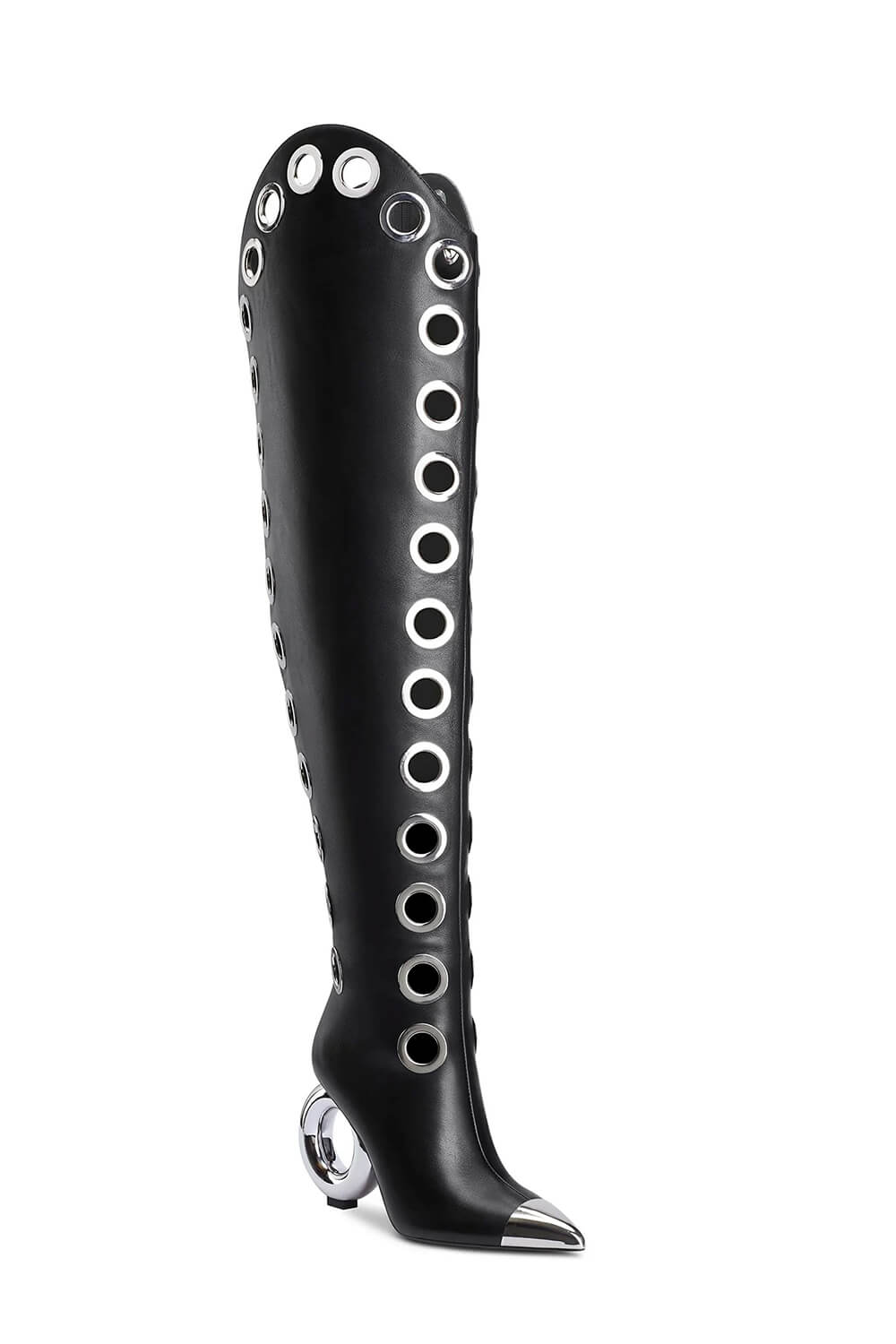 Eyelet Pointed Toe Over-The-Knee Boots With Silver Ring Heel