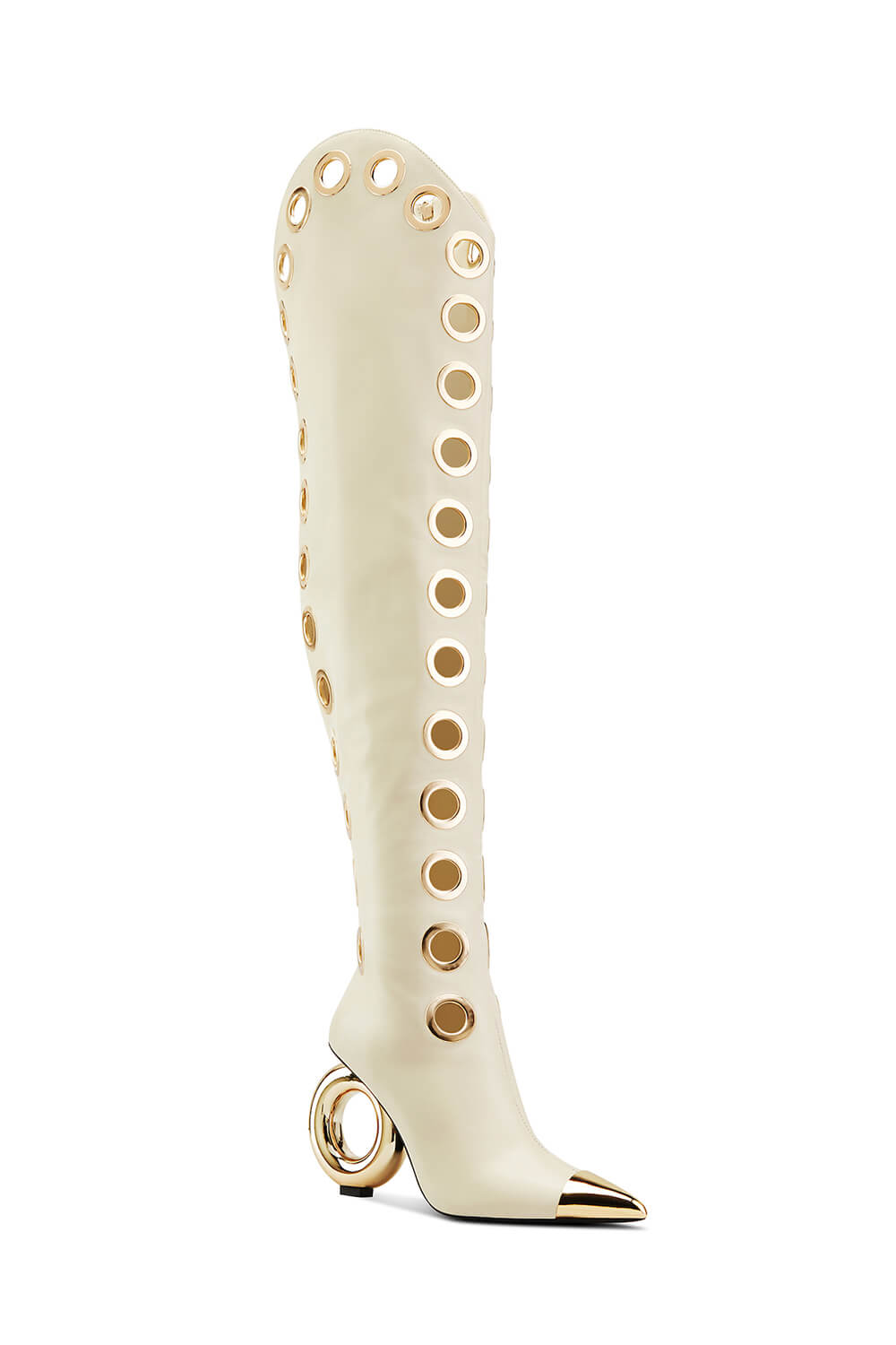 Eyelet Pointed Toe Over-The-Knee Boots With Gold Ring Heel