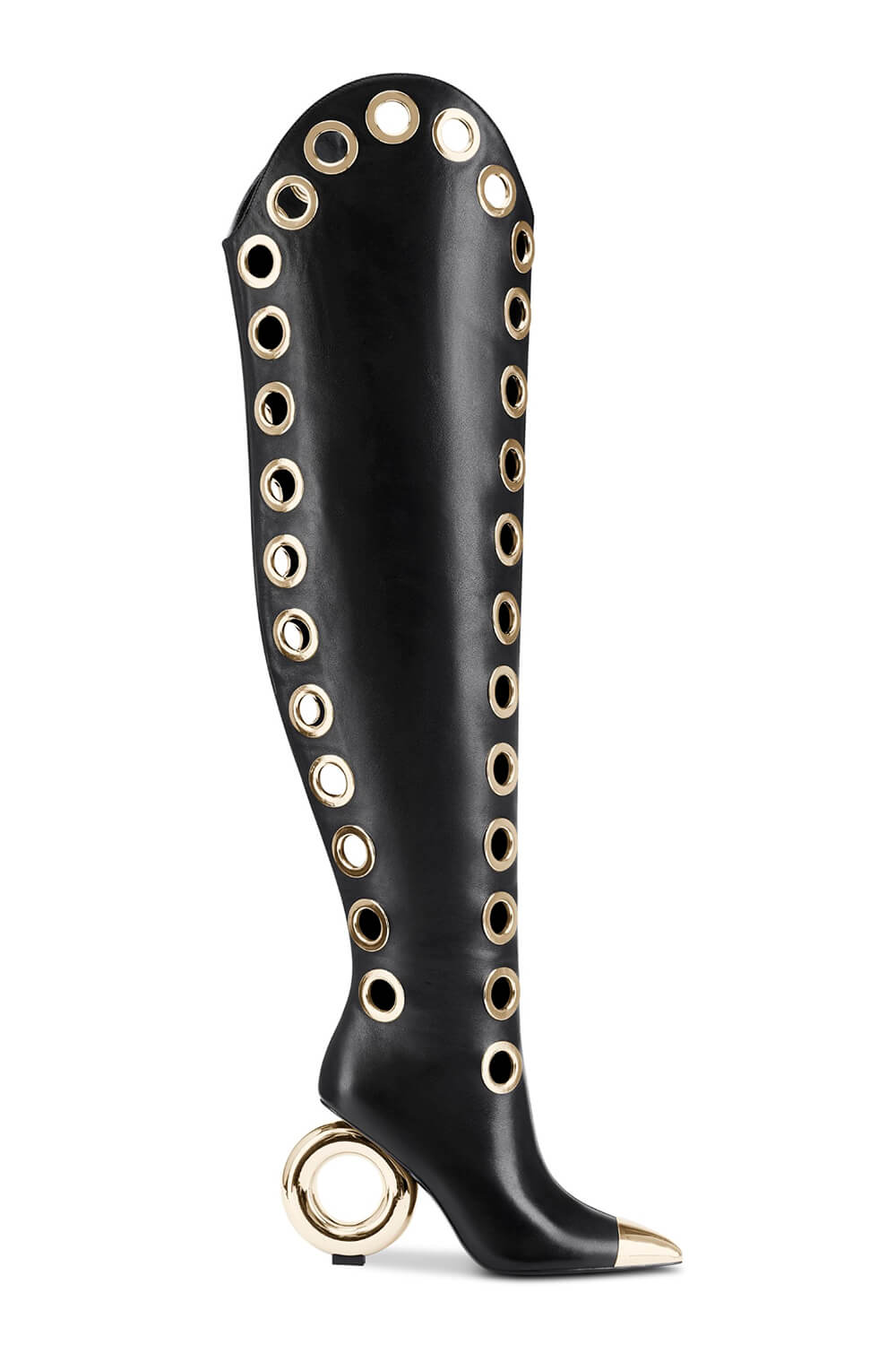 Eyelet Pointed Toe Over-The-Knee Boots With Gold Ring Heel