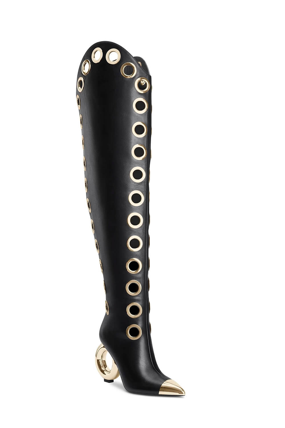 Eyelet Pointed Toe Over-The-Knee Boots With Gold Ring Heel