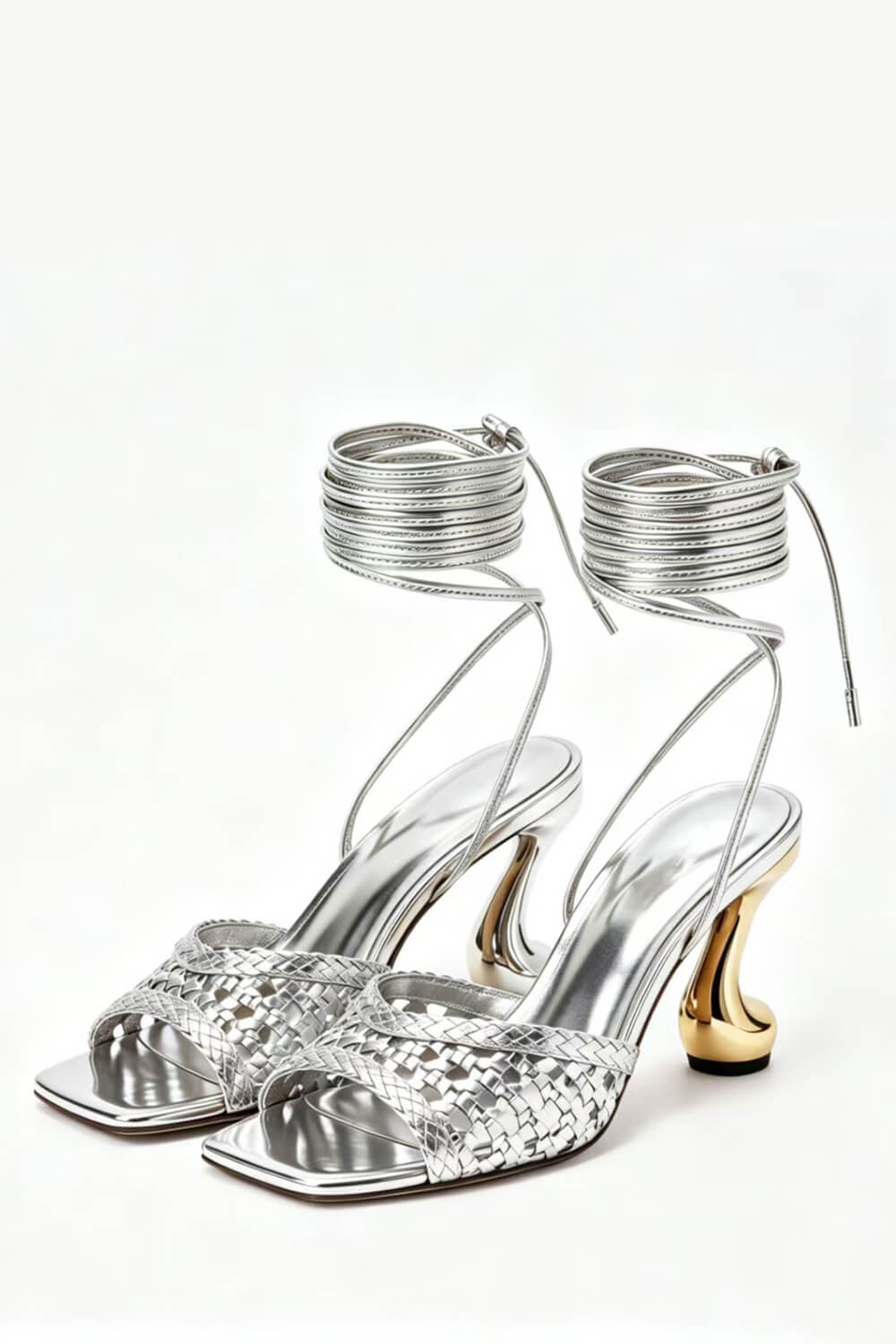 Woven Square Toe Wrap Up Sculpted Heel Sandals