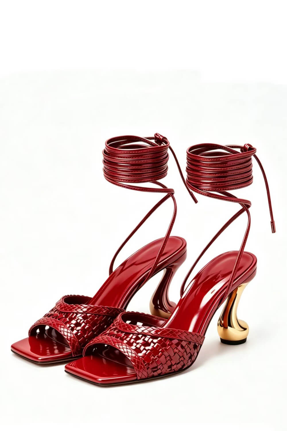 Woven Square Toe Wrap Up Sculpted Heel Sandals