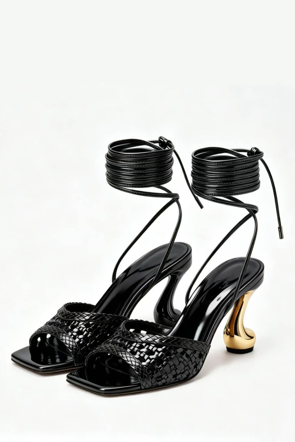 Woven Square Toe Wrap Up Sculpted Heel Sandals