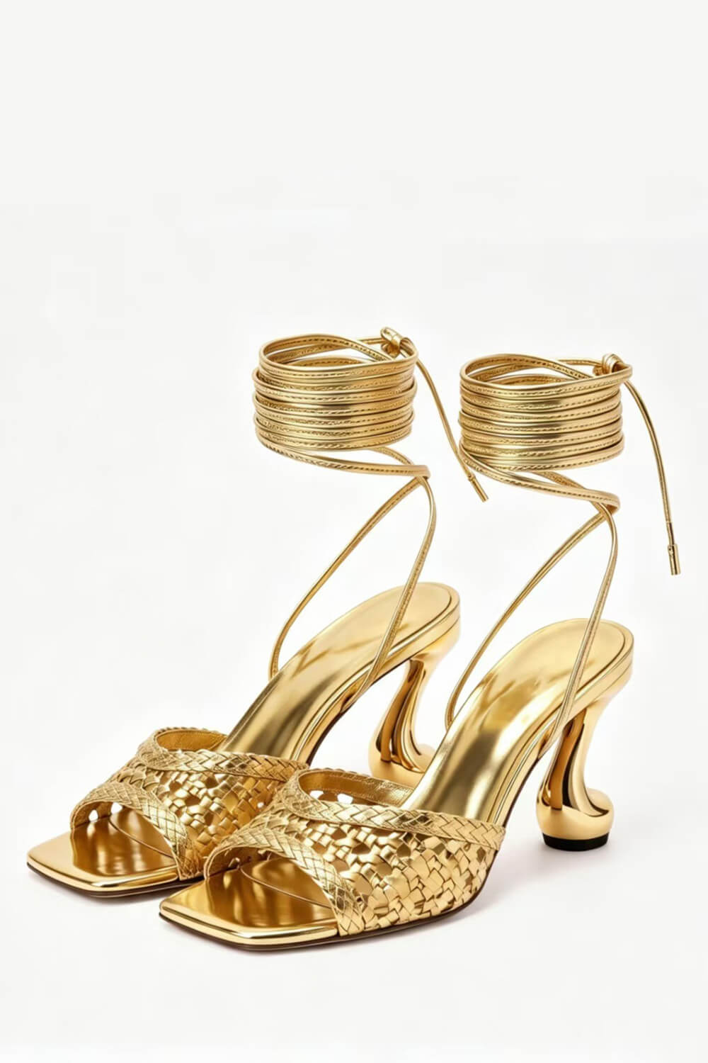 Woven Square Toe Wrap Up Sculpted Heel Sandals