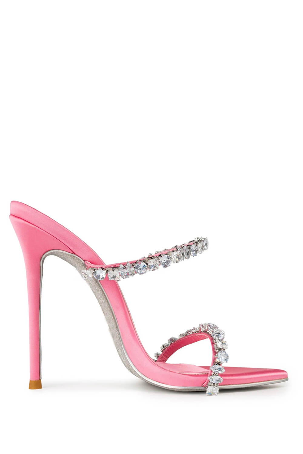 Satin Crystal Embellished Pointed Toe High Heel Mules