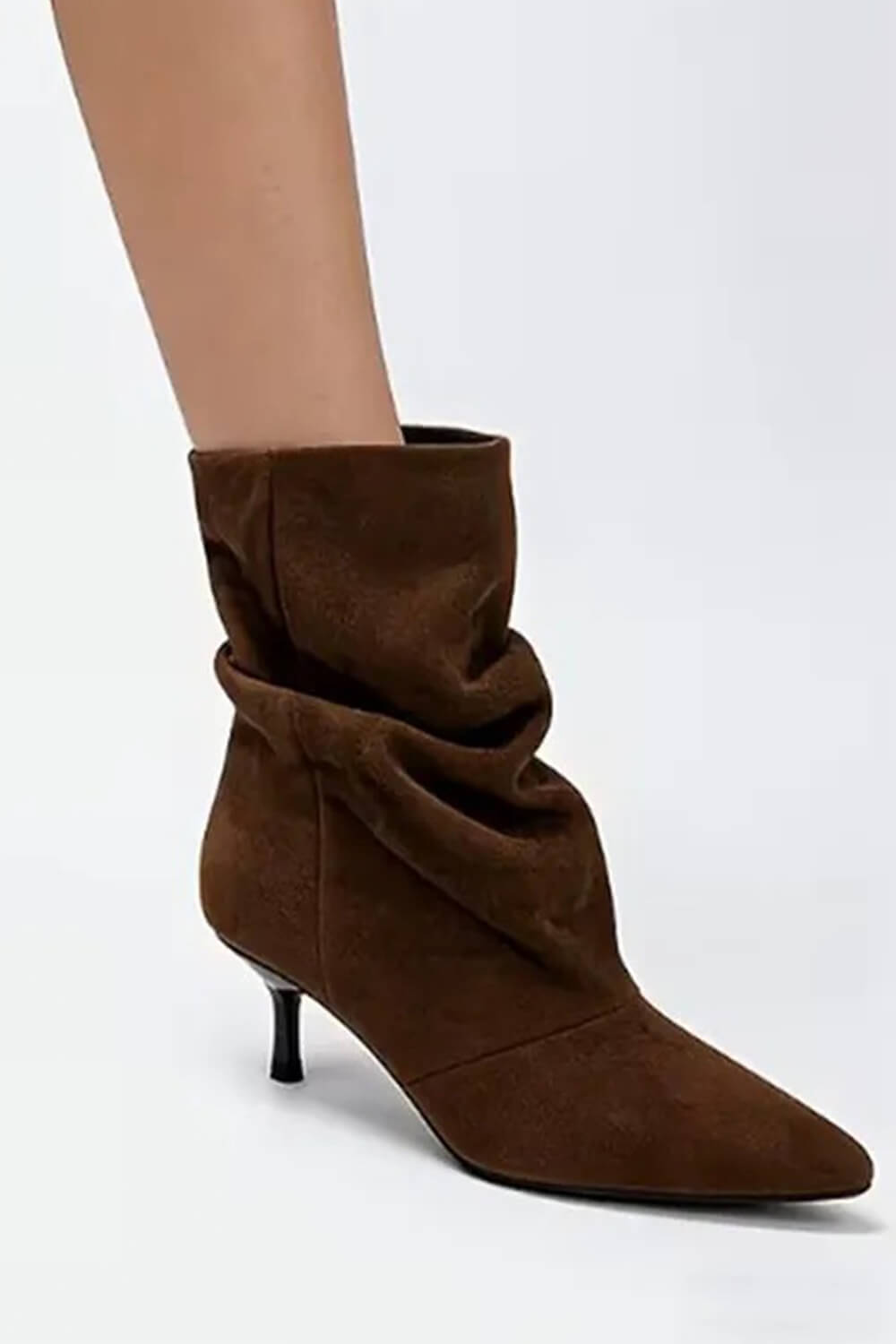 Suede Ruched Pointed Toe Ankle Mid Kitten Heel Boots