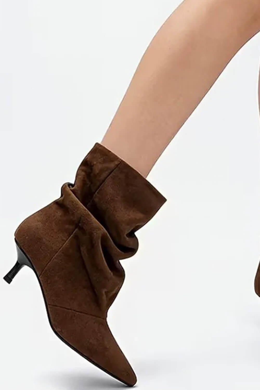 Suede Ruched Pointed Toe Ankle Mid Kitten Heel Boots